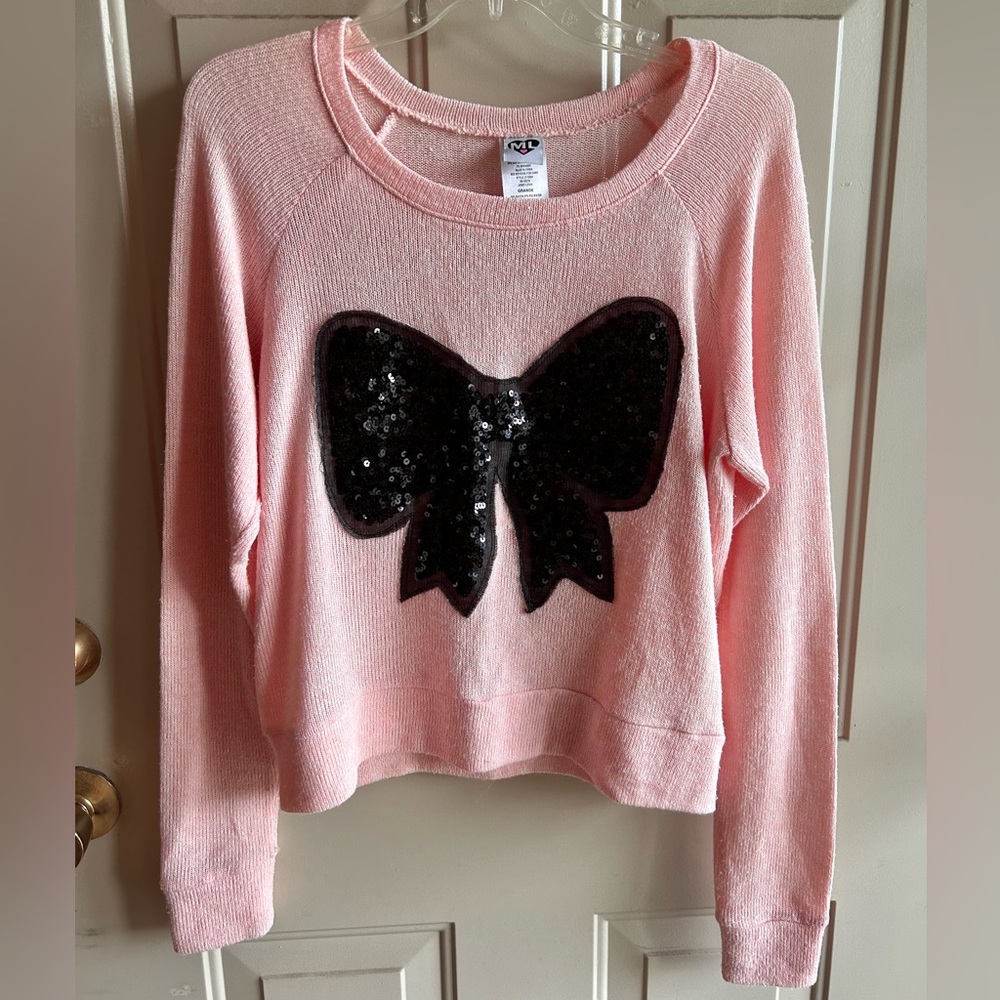 Pale Pink Sweater with Sequin Bow